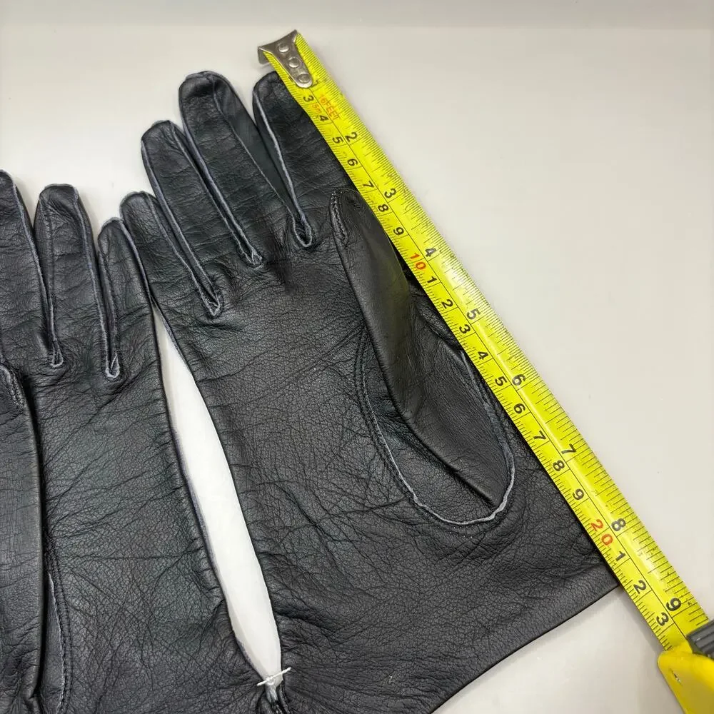 VTG Leather Gloves Black Embroidered Pure‎ Silk Lined Made in France XS 7 NOS